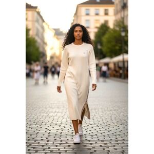 (E-150) Peace Love World Sweater Dress MP Medium Petite Ivory Cream Knit Side Sn